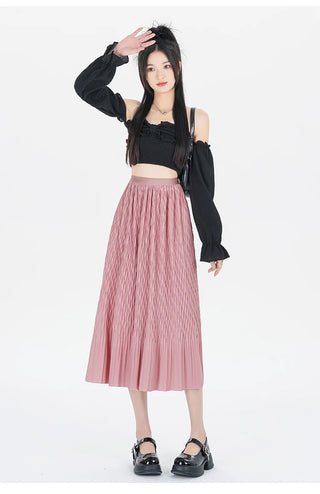 Elegant High-Waisted Pleated Flowy Midi Skirt