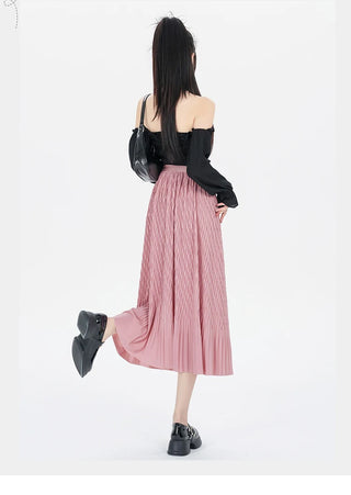 Elegant High-Waisted Pleated Flowy Midi Skirt