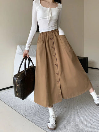 Belted High waisted button-front A-line skirt