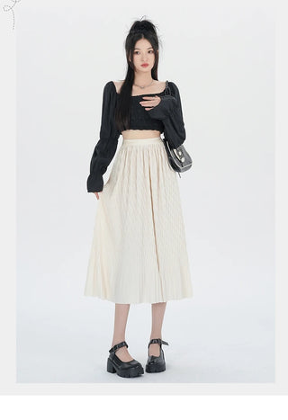 Elegant High-Waisted Pleated Flowy Midi Skirt