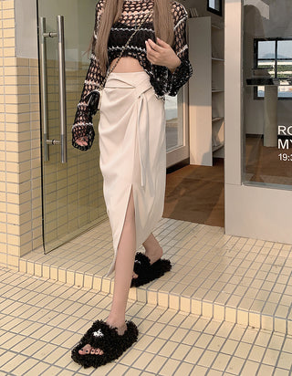 High-Waisted Draped Wrap Side Slit Midi Pencil Skirt