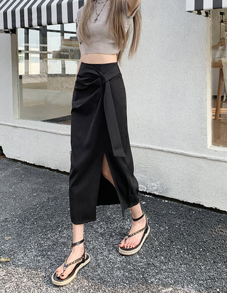 High-Waisted Draped Wrap Side Slit Midi Pencil Skirt