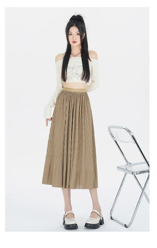 Elegant High-Waisted Pleated Flowy Midi Skirt