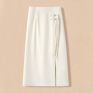 Asymmetric Side-Tie Wrap Midi Skirt.