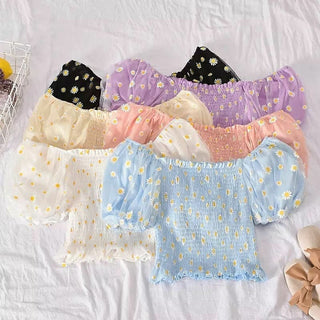 FLORAL PUFF SLEEVE SQUARE/SLASH NECK TOP
