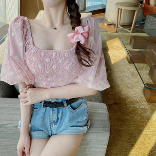 FLORAL PUFF SLEEVE SQUARE/SLASH NECK TOP