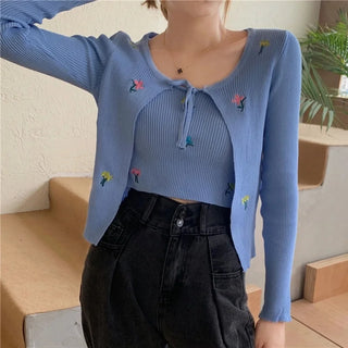 FLORAL EMBROIDERED CARDIGAN TOP SET