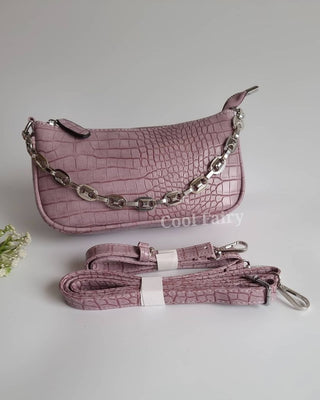 STONE PATTERN CHAIN HAND, SHOULDER & SLING BAGUETTE BAG
