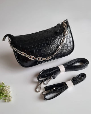 STONE PATTERN CHAIN HAND, SHOULDER & SLING BAGUETTE BAG